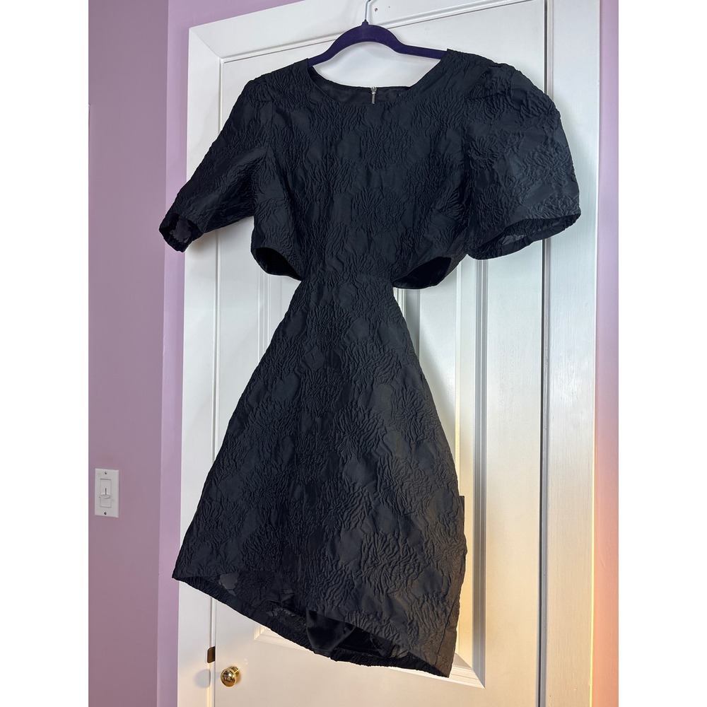Lulus Black Jacquard Cutout Mini Dress Puff Sleeve Open Back Textured Floral M